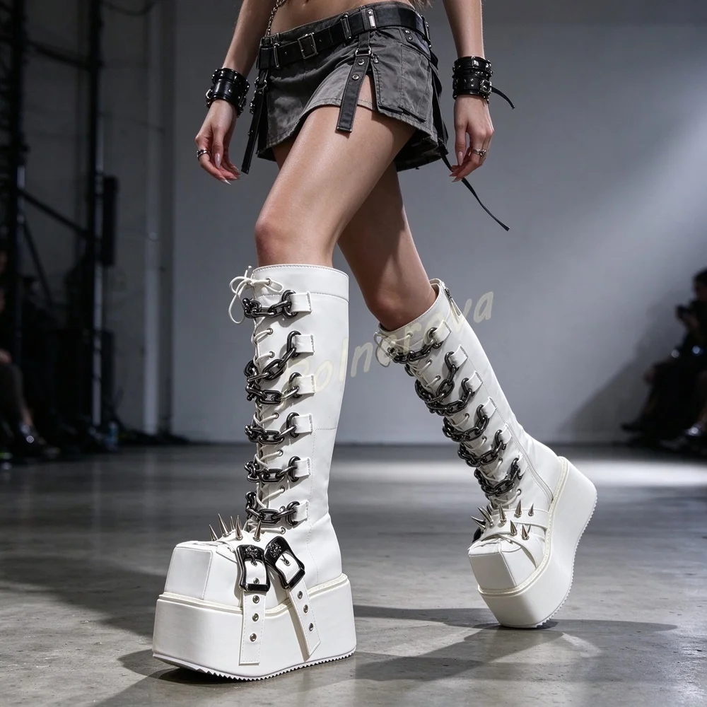 White Knee High Platform Boots Women Metal Chain Spikes Buckle Lace Up Side Zipper Shoes Punk Gothic Streetwear Chunky Boots