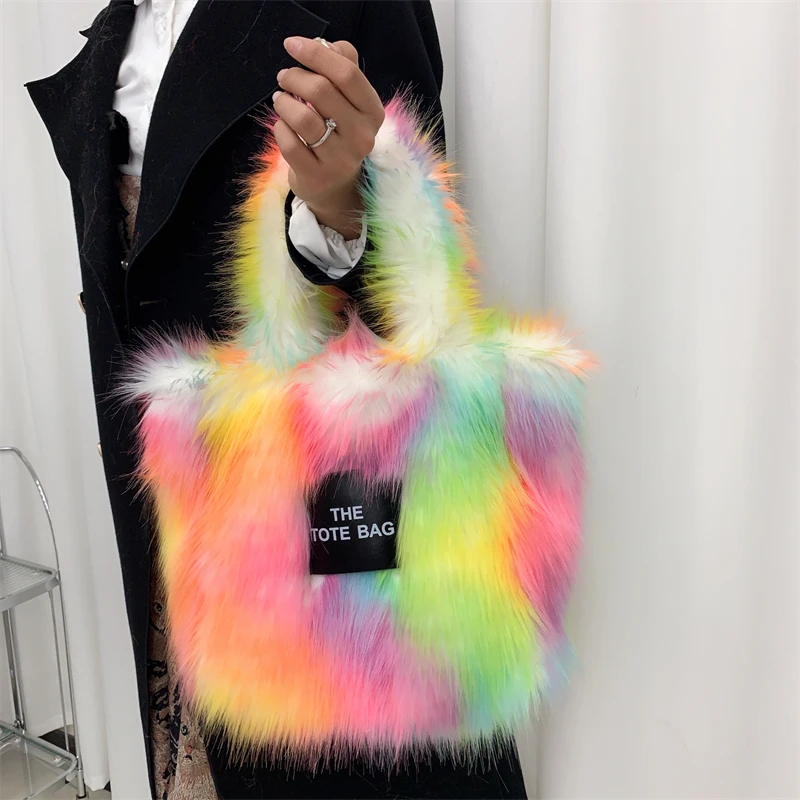 2023 Designer Faux Fur Tote Bag for Women Luxury Handbags Autumn Winter Plush Shoulder Crossbody Bags Brand Shopper Purses Y2K