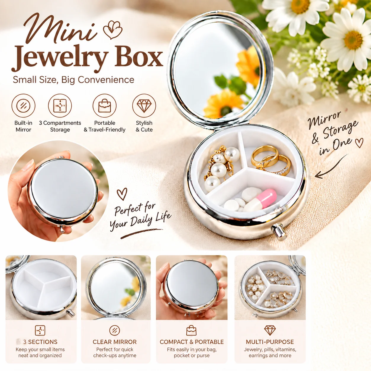 Mini Metal Pill Box With Mirror 3 Compartment Portable Jewelry Box Cute DIY Storage Case For Travel Daily Use