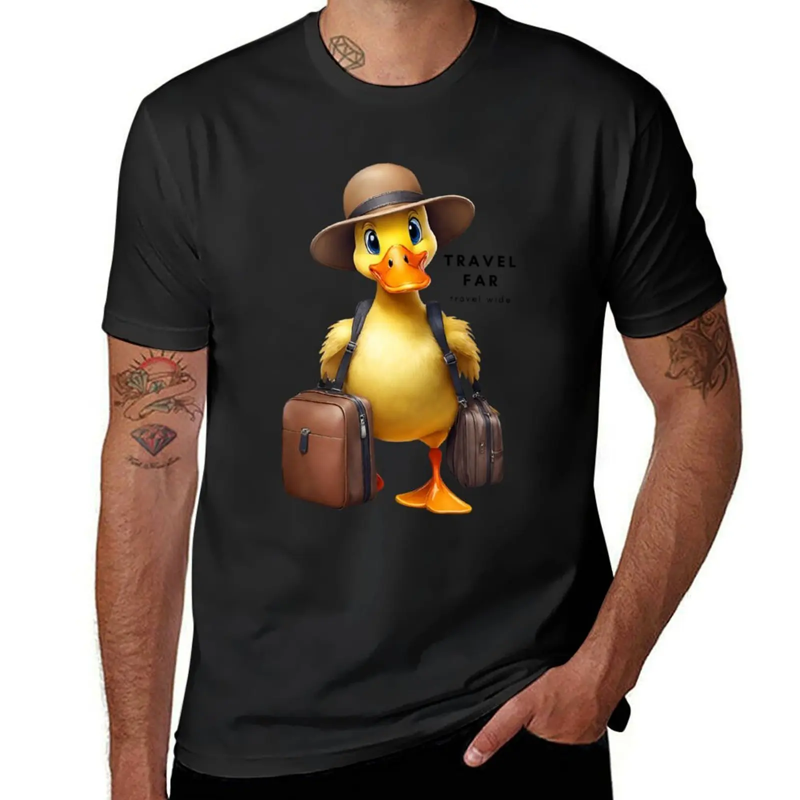 Cute yellow duck with brown hat bags Travel Far Travel Wide T-Shirt heavyweights boys whites men graphic t shirts