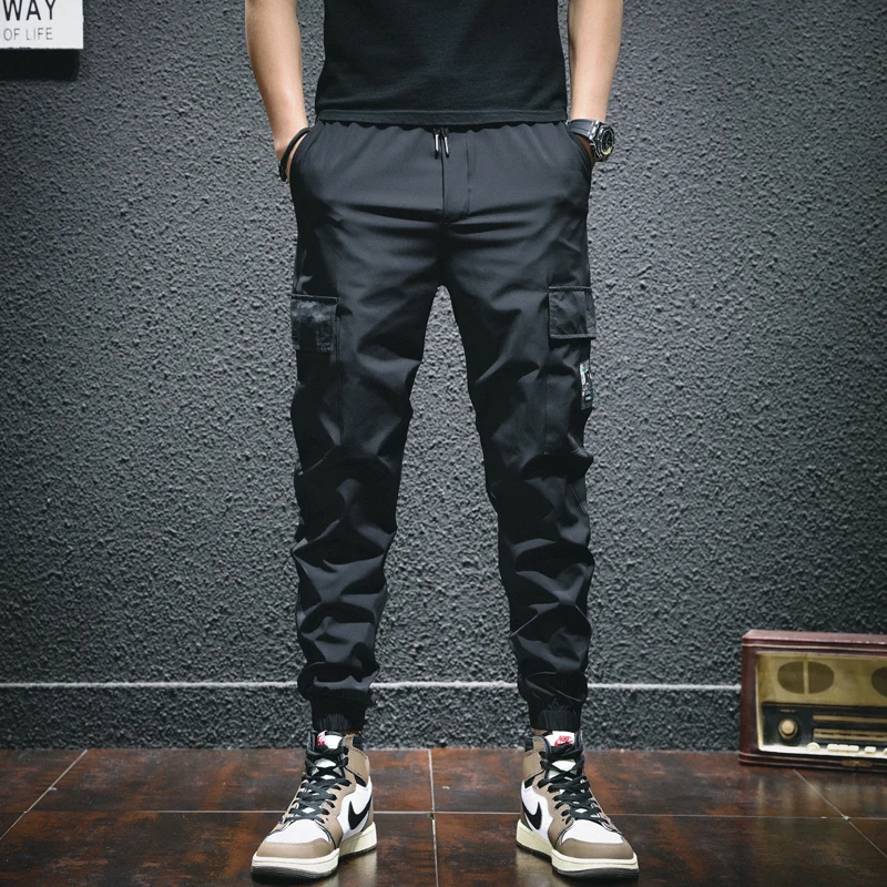 Summer Ice Silk Cargo Pants Men Black Sport Casual Ankle-Length Pants Fashion Slim Fit Elastic Waist Drawstring Joggers Trousers