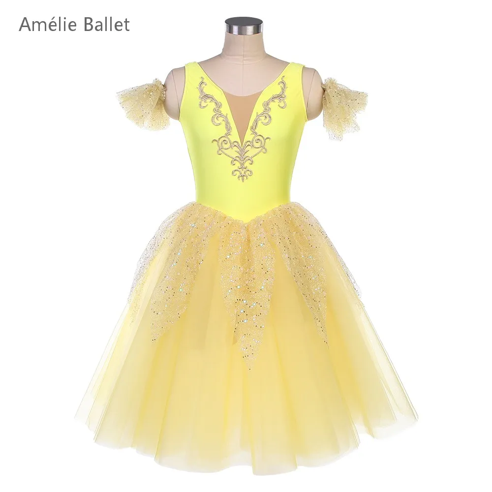 25099 Geel Spandex Top Lijfje met Gouden Trim Romantische Ballet Tutu Volwassen Meisjes Stage Performance Danskostuums