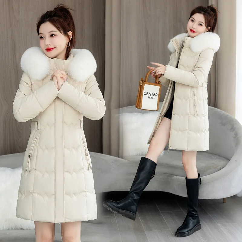 Europe States Large Size Large Collar New Winter Coat in The Long Hooded Cotton-padded Waist Rope Thin Thick Cotton-padded Women