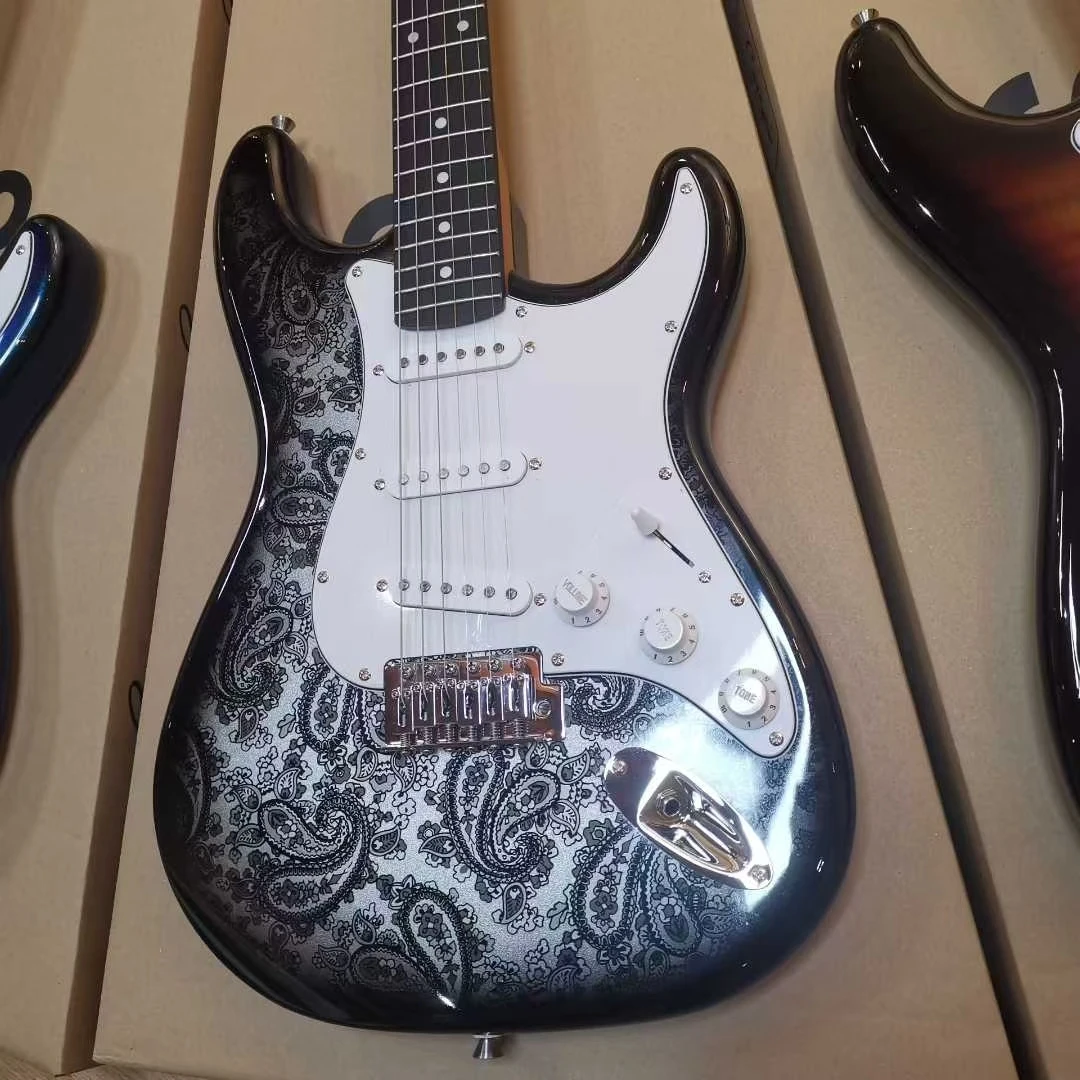 Guitarra Eléctrica de Cuerpo Sólido con Diseño de Amoeba en Negro Atardecer, Mástil de Arce Tostado, Guitarra Nueva, 22 Trastes, Súper Hermosa