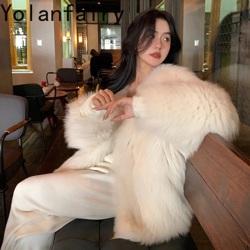 YOLANFAIRY 천연 전체 모피 여우털 코트 여성용 겨울 보온 V넥 슬림 고급스러운 청춘 리얼 여우털 재킷 여성용 2025