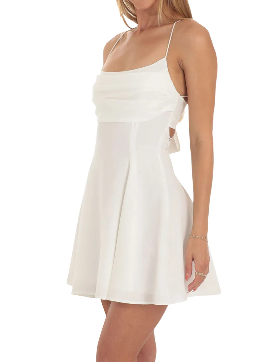 Women Elegant A-line Dress Sexy Low Cut Spaghetti Strap Sleeveless Backless Going Out Mini Dress Beach Party Bodycon Short Dress