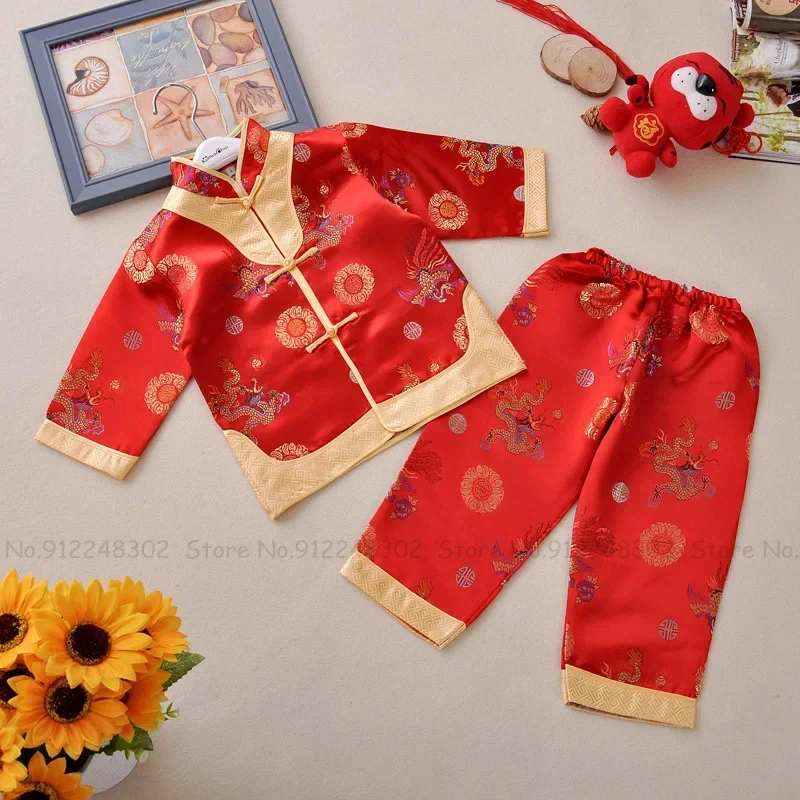 Newborn Baby Chinese Style Red Tang Suit Children Qipao Shirts Tops Pants Kids Dragon Phoenix Embroidery Festive Outfits Set