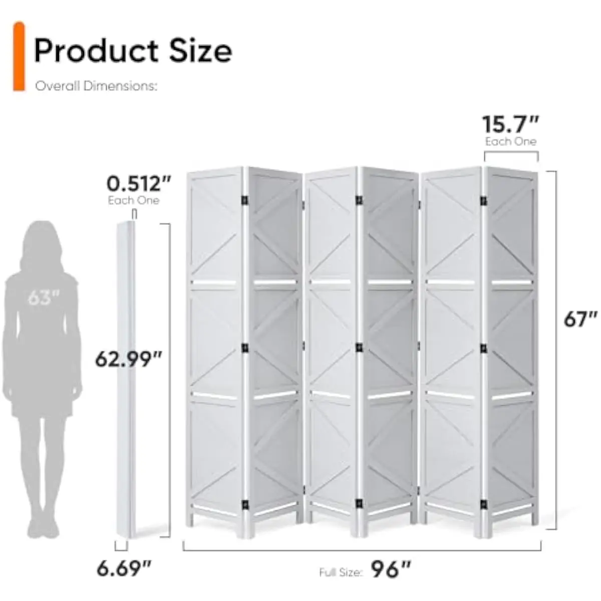 Modern freestanding 6-panel folding partition with integrated shelving, geometric X-frame structure, white wood construction, 67