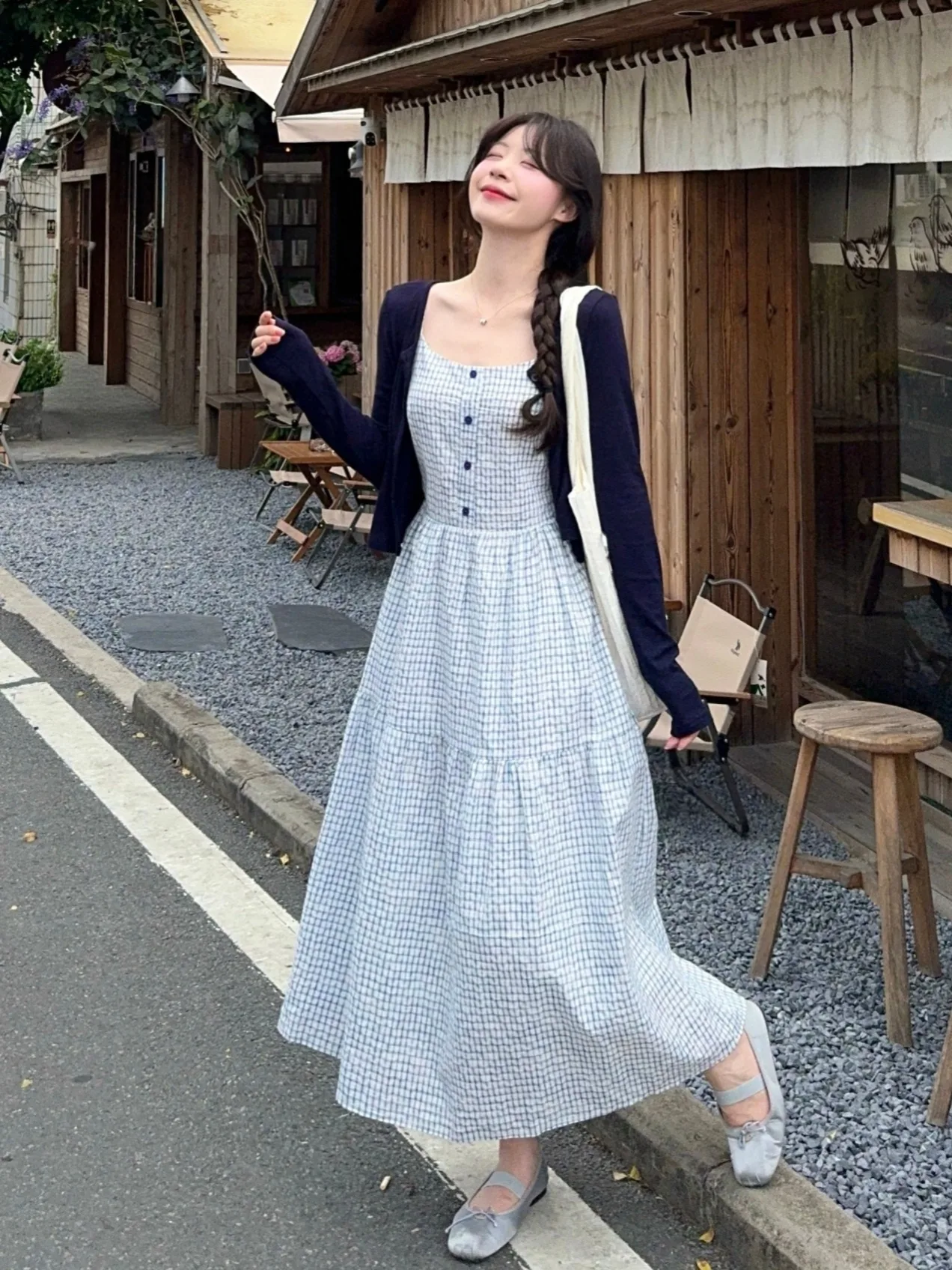 

plus Size Summer Vacation Style Backless Plaid Strap Dress Women's Two Piece Set Sunscreen Cardigan Top Casual Fashion