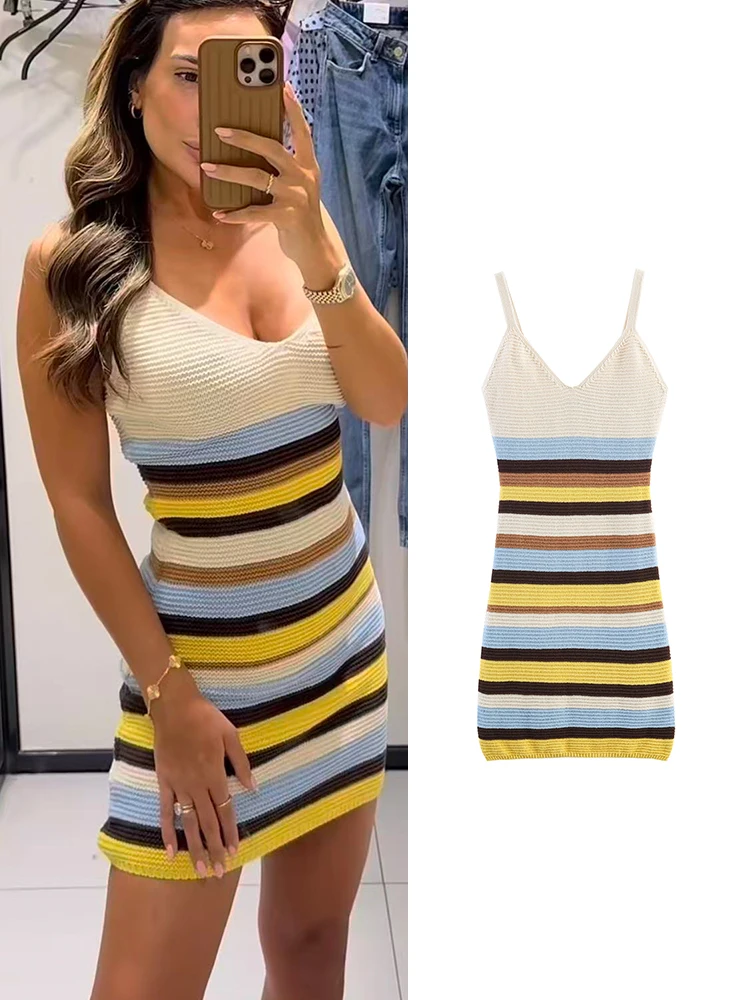 TFMLN Damen Strick-Minikleid, lässig, ärmellos, figurbetont, Streetwear, Sommer, Strand, Urlaub, Regenbogenfarben, gestreift, Sling-Kleid
