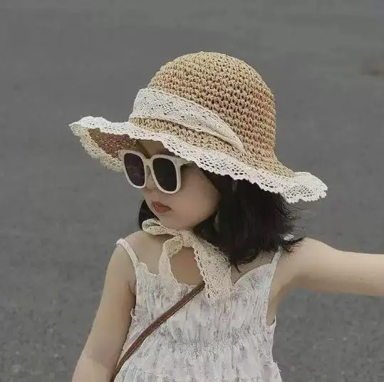 

Kids Summer Straw Hat Baby Girl Sun Hat Wide Brim Lace Decoration Beach Cap Vacation Outdoor Travel Lightweight Portable