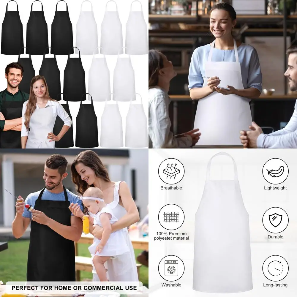 

Unisex Bulk Machine Washable Bib Aprons for Adults - Plain Black & White Aprons with Adjustable Straps for Men and Women