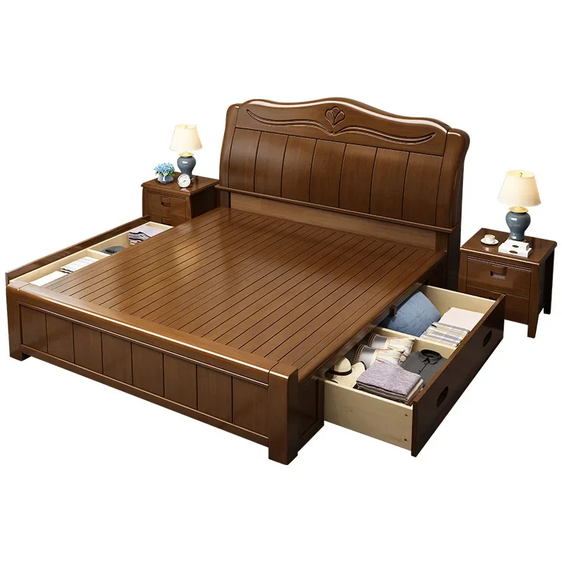 

Chinese solid wood bed 1.8 meters double bed 1.5 meters master bedroom solid wood furniture high box storage wedding bed