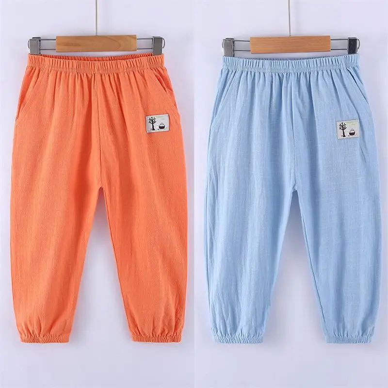 Summer Lightweight Kids Mosquito Pants Cotton Linen Breathable Lantern Pants for Boys Girls Casual Outdoor Play Clothes 3-12Y