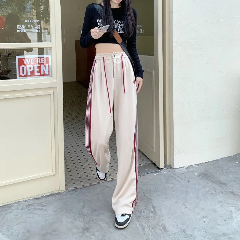 American Striped Pants Women 2024 Autumn Color Collision Loose Casual Straight Leg Sweatpants Versatile Fashion Trousers Female