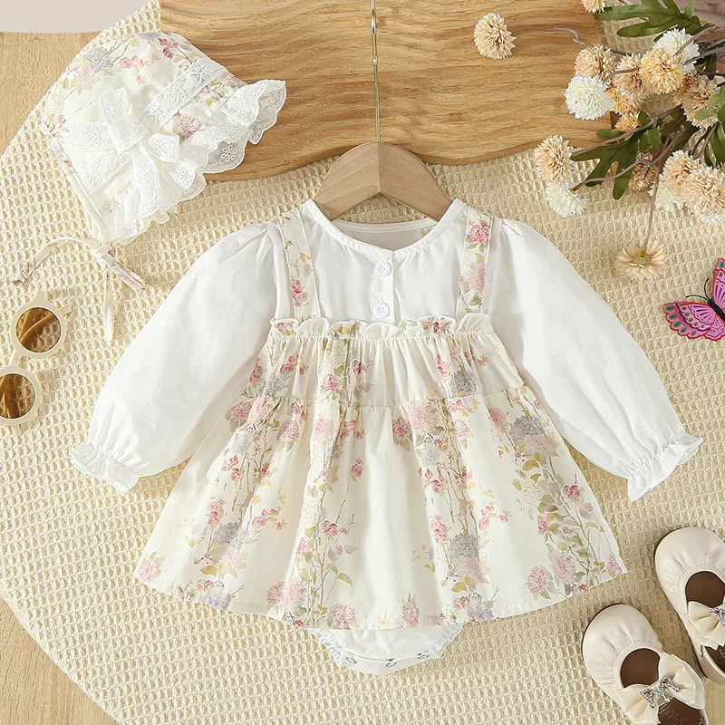 2026 New Spring Newborn Baby Girls Bodysuits Long Sleeved Cotton Printed Infant Baby Girls Jumpsuit+Hat 0-24M Baby Girl Clothing