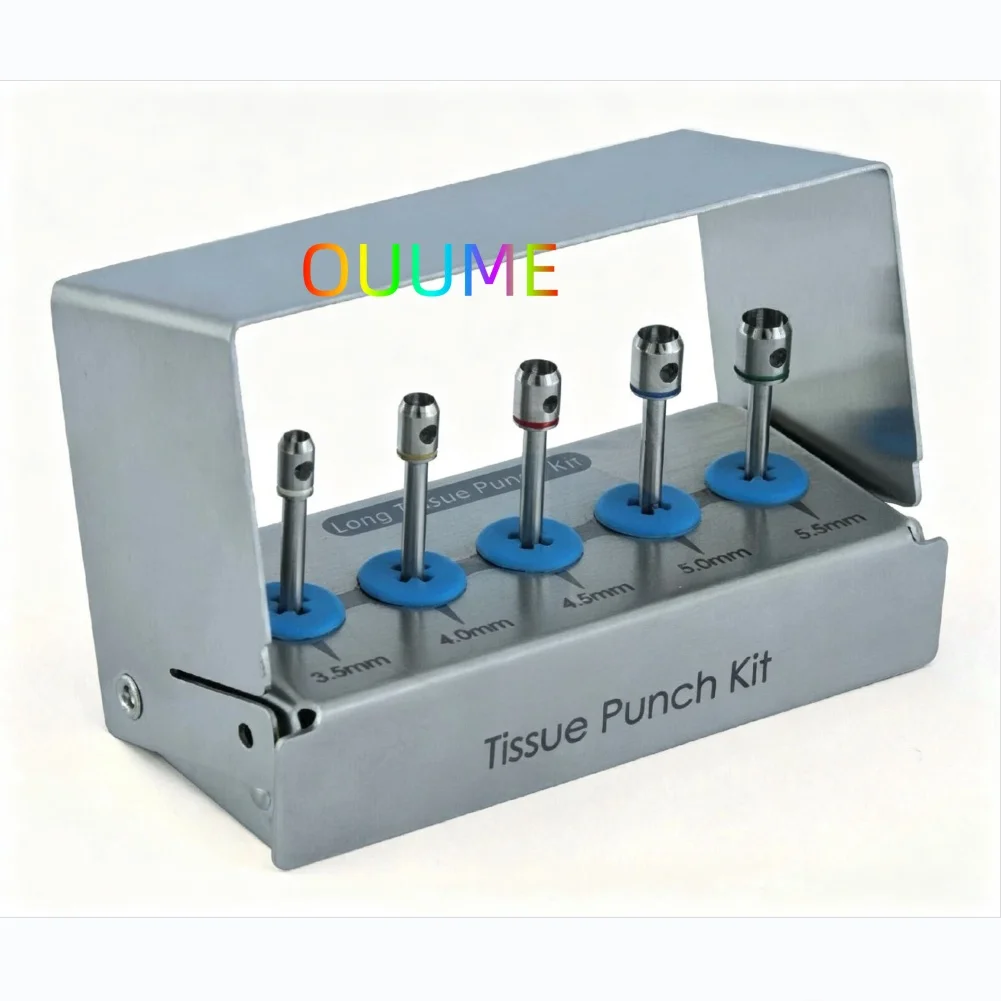 5pcs Dental Implant Long Tissue Punch Kit Rotary Drills Steel Bur Gingival Ring Cutter Low Speed Handpiece Holder Surgery