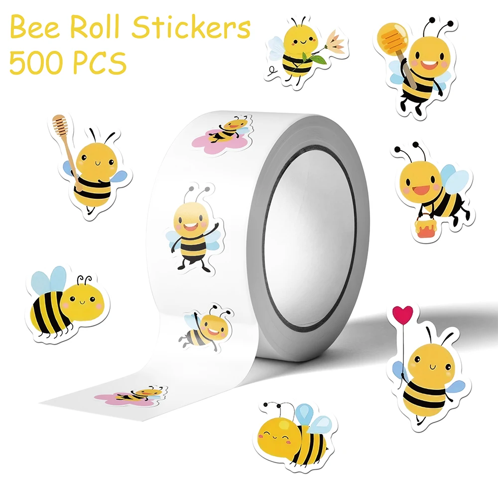 

500pcs Cartoon Cute Bee Roll Stickers Decals For Laptop Scrapbook Suitcase Skateboard Guitar DIY Aesthetic Waterproof Stickers