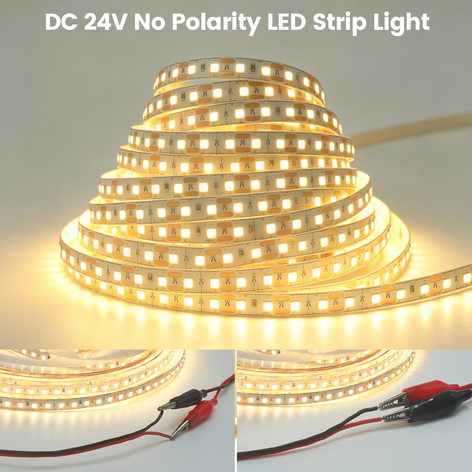 Bande LED flexible sans polarité DC 24V, 5M 10M, 2835 120 LED/M, avec ruban adhésif pour rétroéclairage décoratif