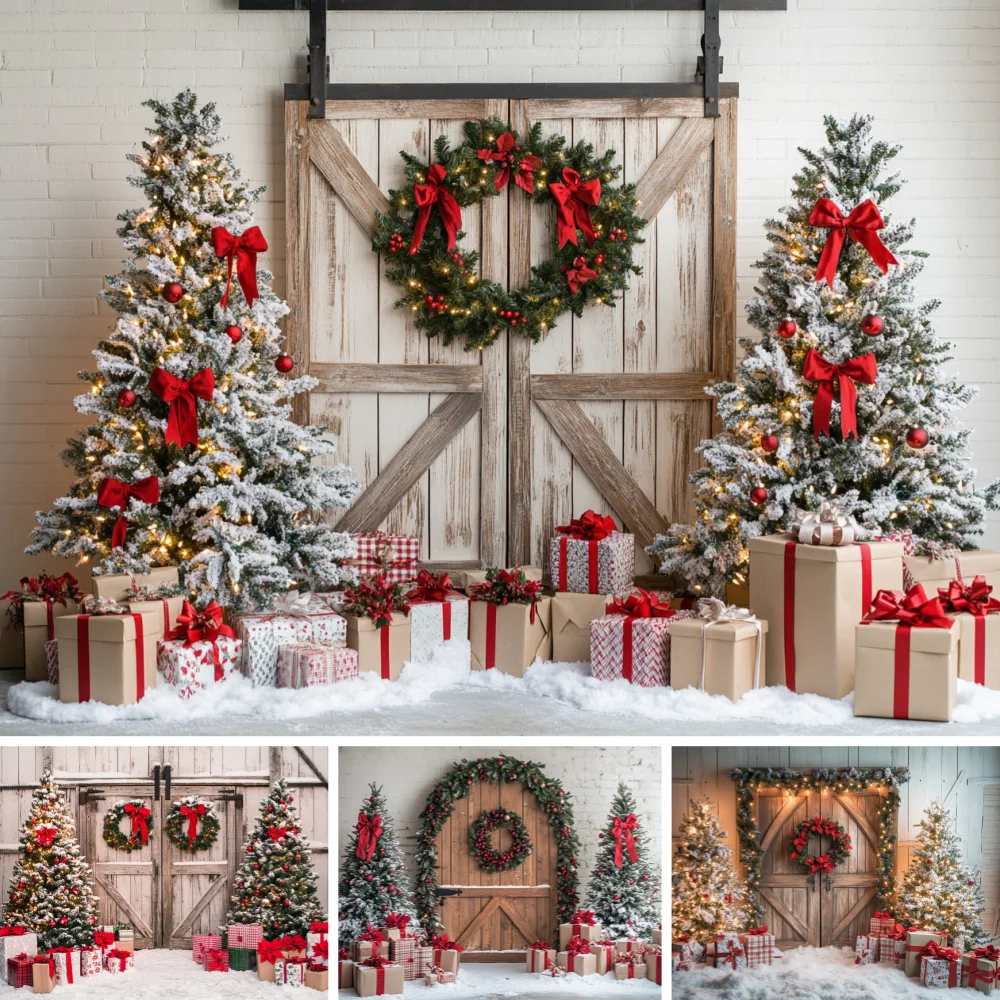 

Wooden Barn Door Christmas Backdrop Pine Wreath Red Bow Pine Tree Kraft Gift Box White Snow Ground Portrait Shoot Background