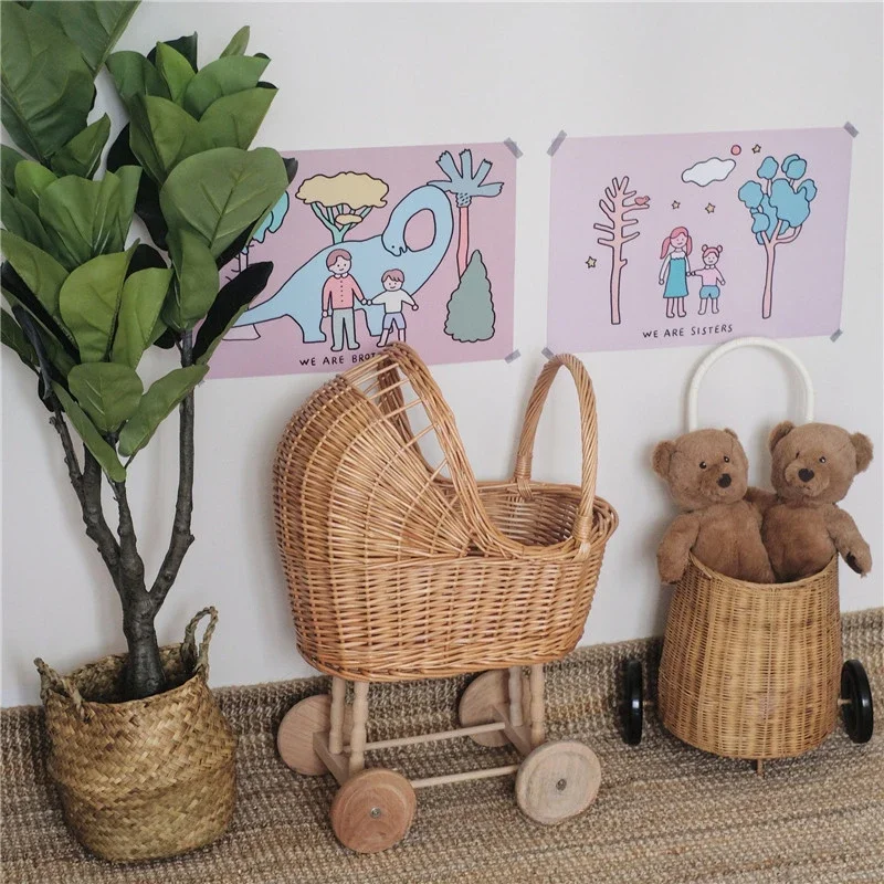 Ins Rattan Weave Stroller Toy Studio Photo Props Baby Doll Carriage Children\'s Room Decoration Play House Cart Pretend Play Toy