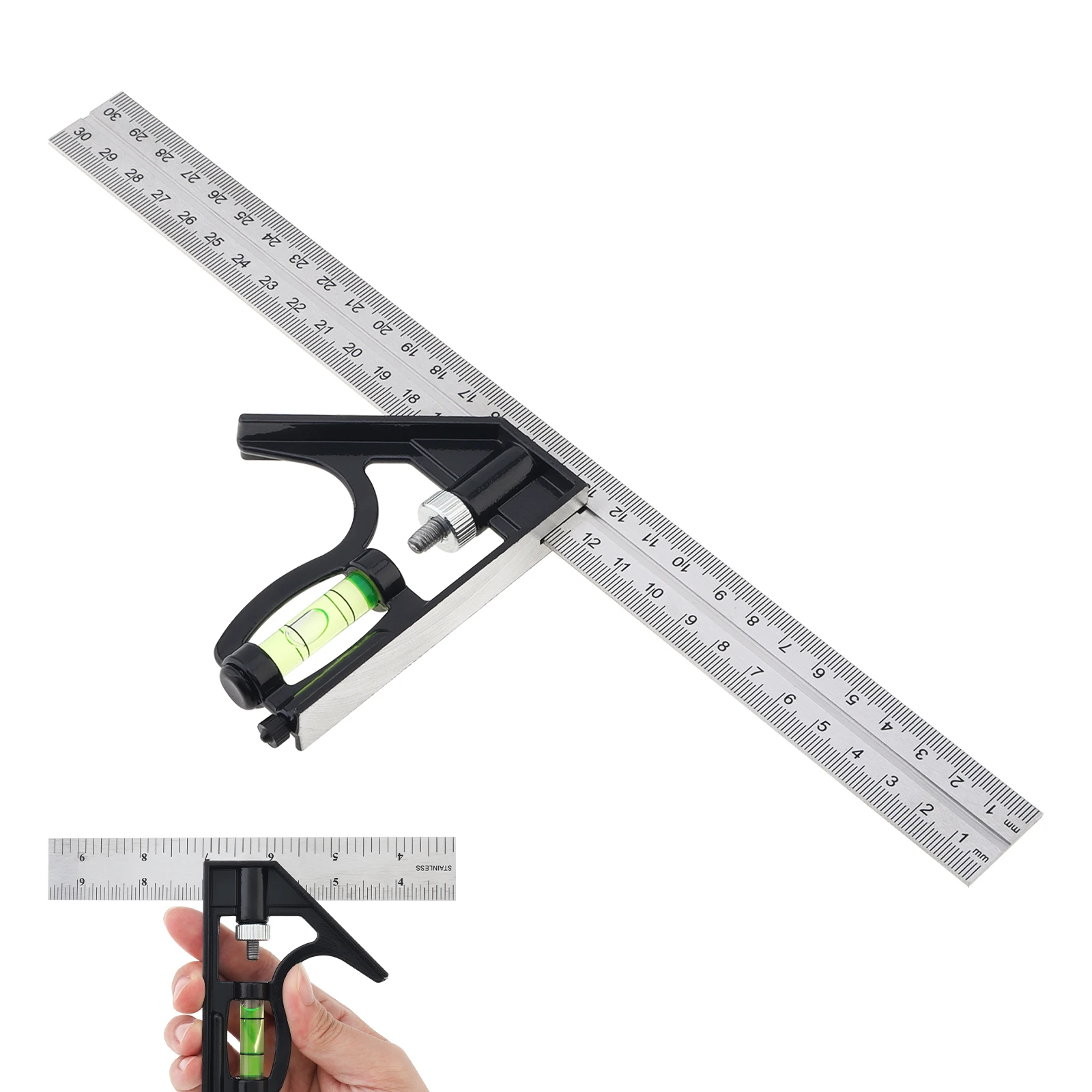 

30cm Metric & Imperial Scale 45 / 90 Degree Combination Angle Ruler Stainless Steel Multi-functional Measuring Tools