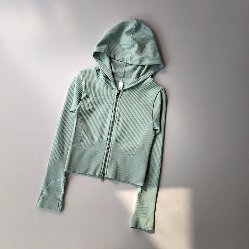 Doppelkapuzen-Sportjacke mit enganliegender Passform für Damen, Lauf-, Trainings- und Yoga-Anzug, langärmelige Reißverschluss-Strickjacke, Pilates-Oberteil. – Detail 4