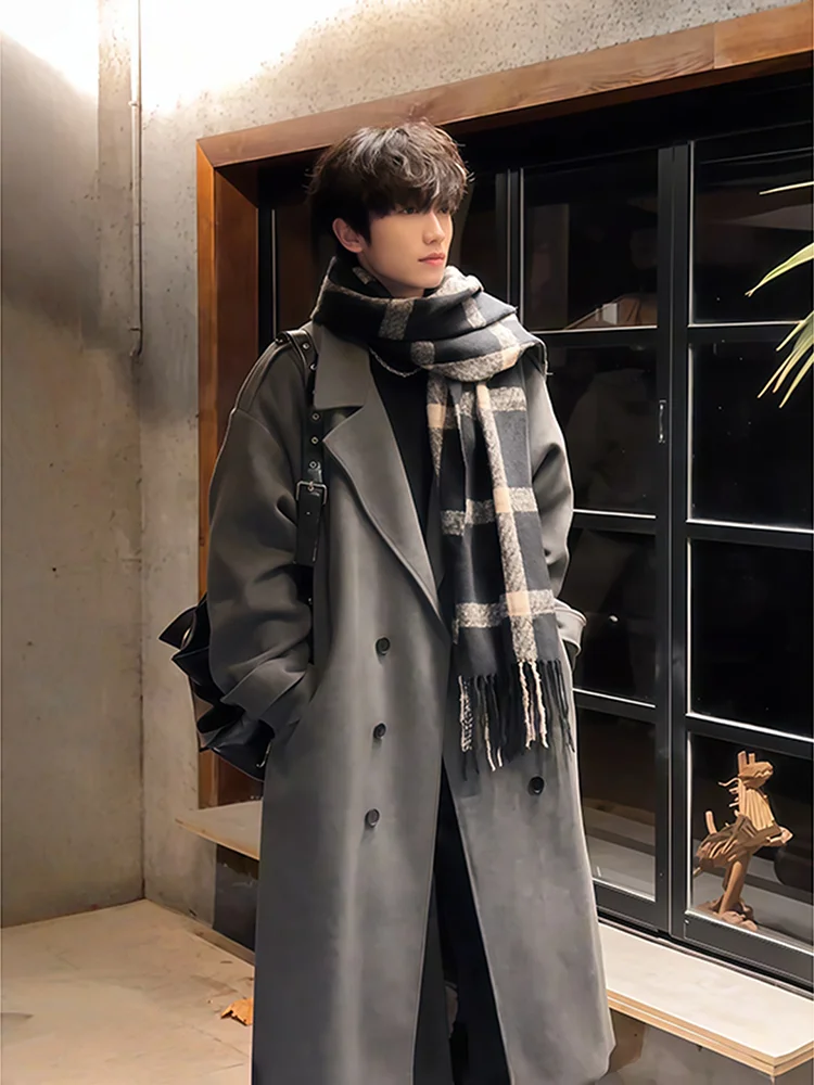 

ay Double-breasted Suit Collar Woolen Coat Men's Autumn Winter Korean Sle Briti Aosphere Medium-length Windbreaker Ja...