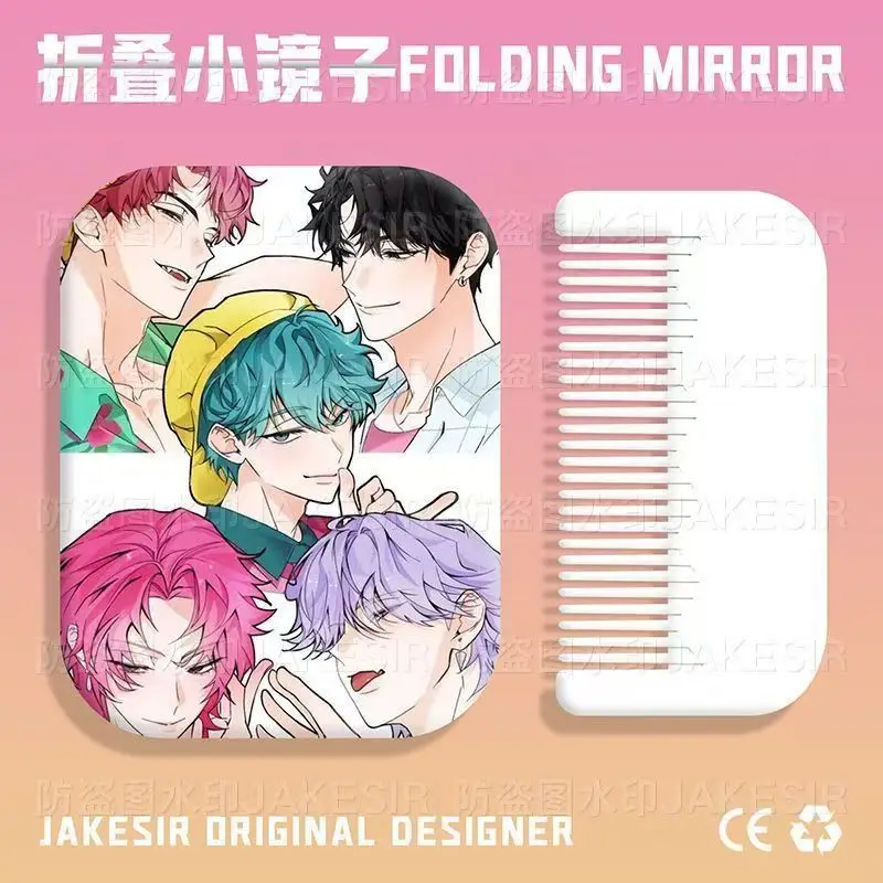 مرآة قابلة للطي 6.5 سم × 8.5 سم مرآة مكياج خارجية صغيرة محمولة مع مشط Kpop شيطان الصيادين للطلاب