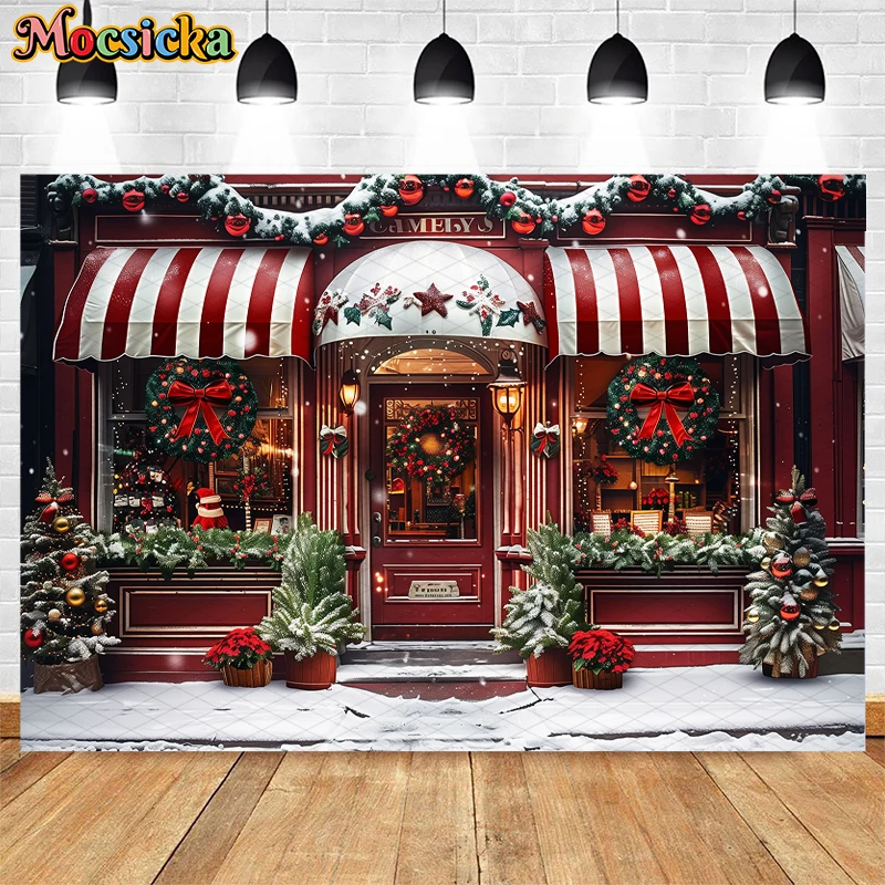 Mocsicka Christmas Store Front Backdrops Kids Adult Photography Child Adult Photocall Xmas Trees Snowy Street Backgrounds