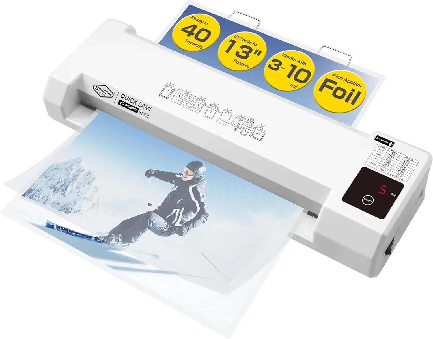 

3-10 Mil Thermal Laminator & Foil Applicator, 13-Inch, 2-Large-Roller, 40s Warm-Up, 50s/Page, LED Touch Panel, Jam Release, Auto Shut-Off, 10 Sheets Included