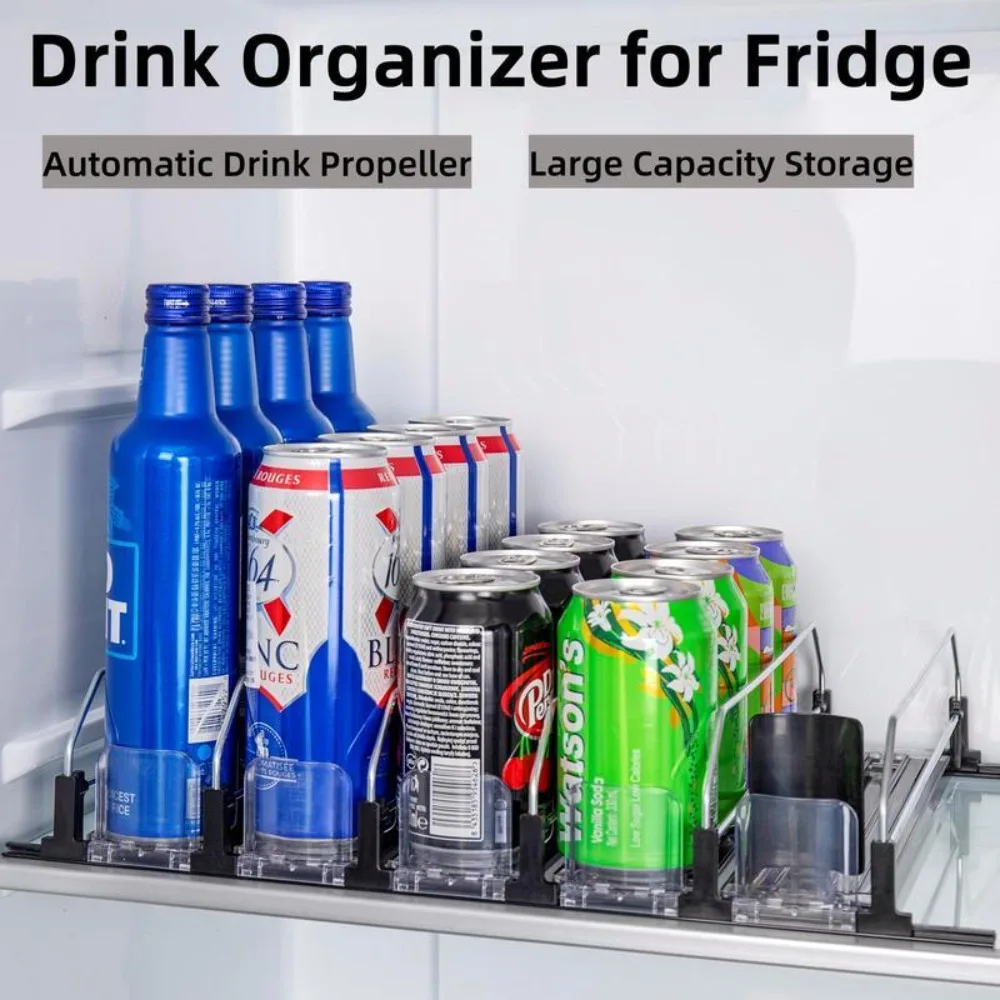 

Drink Organizer for Fridge, Self-Pushing Soda Can Dispenser, Width Adjustable Water Bottle Pusher Glide, Black, 6 Rows Racks