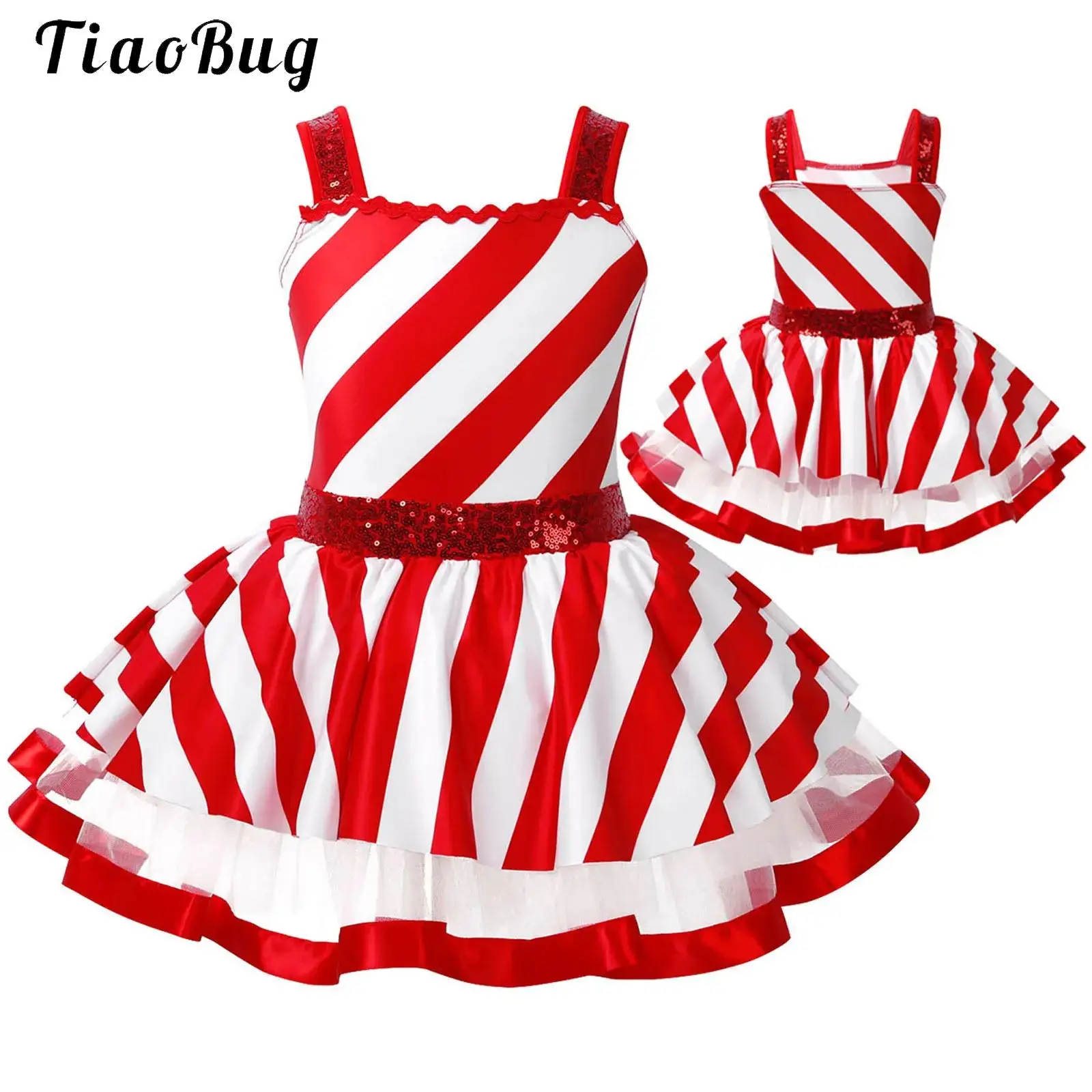 Candy Cane Striped Mesh Tutu Dress Kids Girls Ballet Leotard Dancewear Circus Ringmaster Christmas Costume Sequins Dancewear