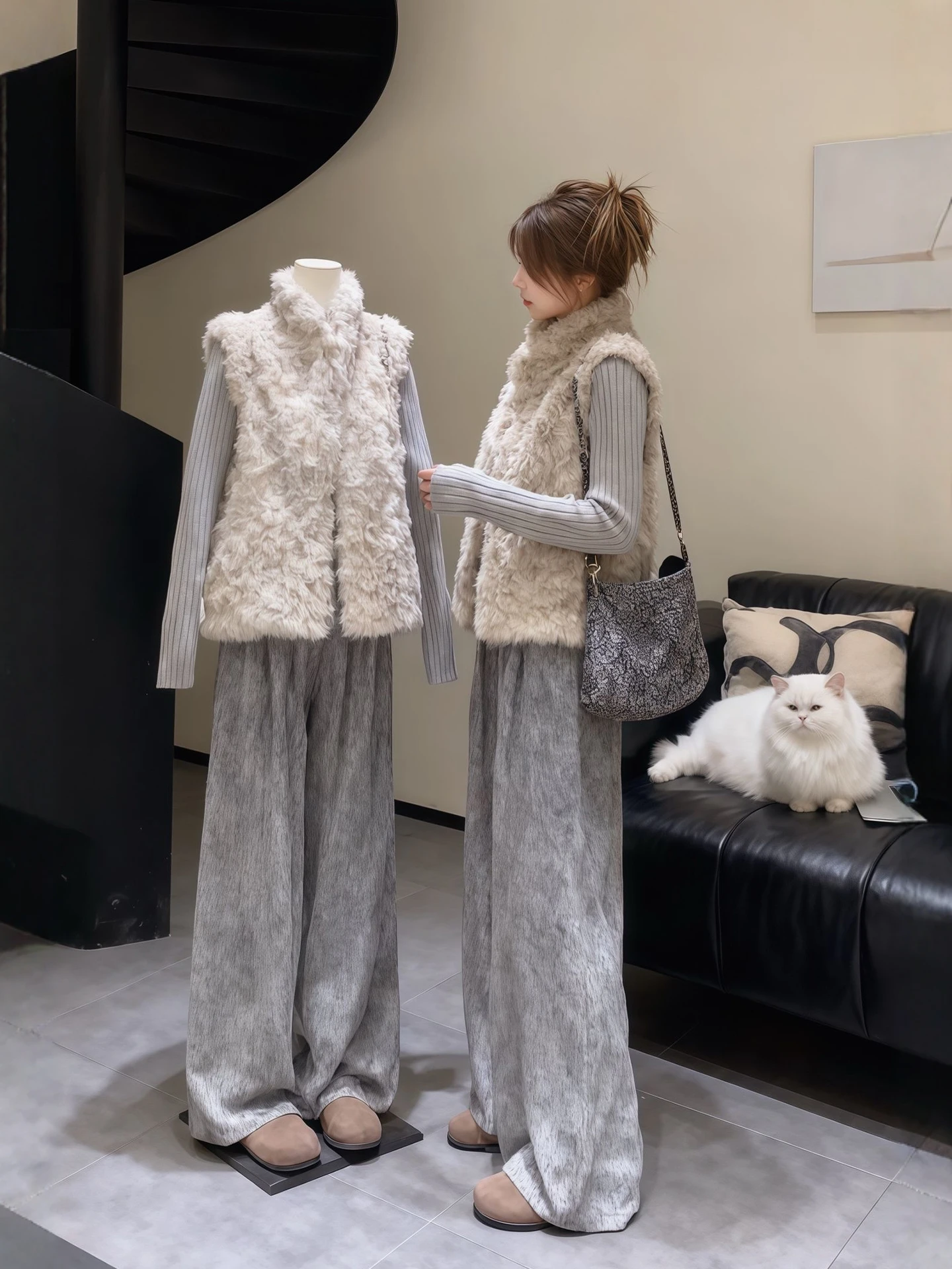 

Winter Fashion plus Size Women's Knitted Vest And Wide Leg Pants Set Casual Layering Ensemble High Waist Warm Polyester