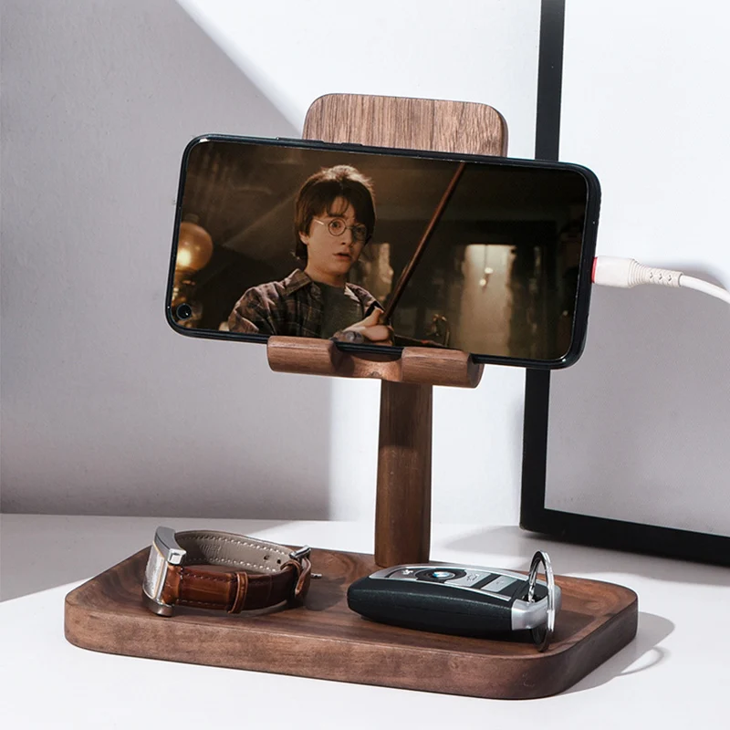 Phone Stand with Storage Tray Multi Functional Desktop Organizer Walnut Wood Charging Stand for Phone Keys Watches Accessories
