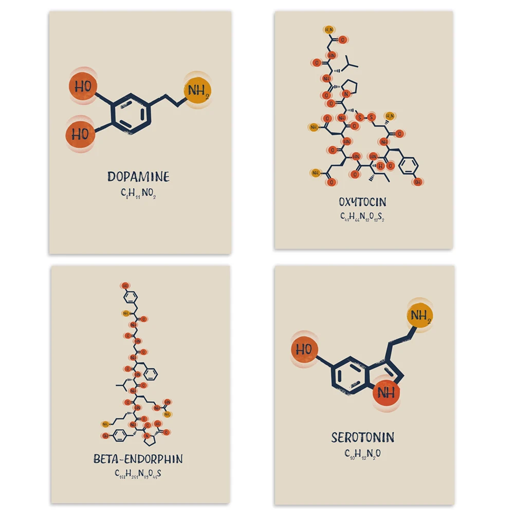 Endorphin molecules, serotonin molecules, chemical substances science posters, mental health decorations, therapist gifts