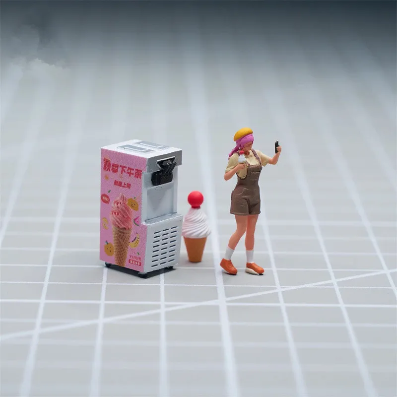 Figurka żywiczna 1/64, malowana, drukowana 3D, food truck z hot dogami i lodami, rekreacja, dziewczyna robiąca selfie, miniaturowy model do samodzielnego montażu, scena DIY