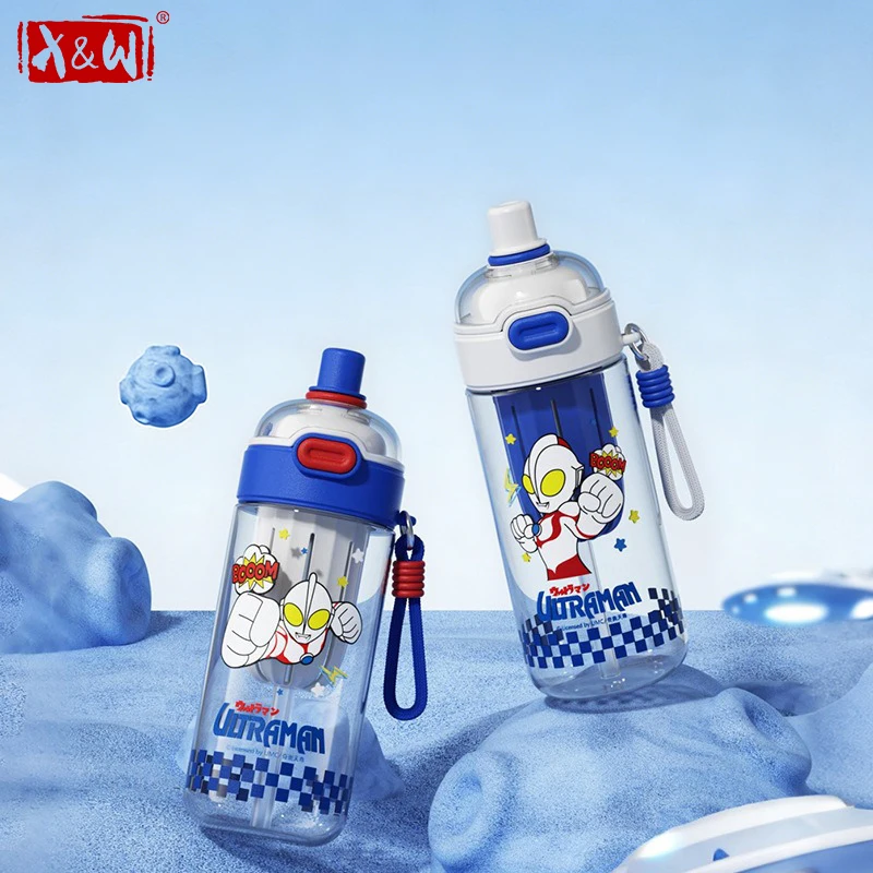 X&W For Ultraman 600ML Double Drinking Cup Cartoon Straw Cup Summer Sports Water Bottles For Kids Cartoon Portable Water Cups