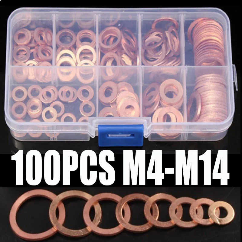 

100Pcs Copper Washer Gasket Nut And Bolt Set Flat Ring Seal Assortment Kit With Box M4/M5/M6/M8/M10/M12/M14 For Sump Plugs