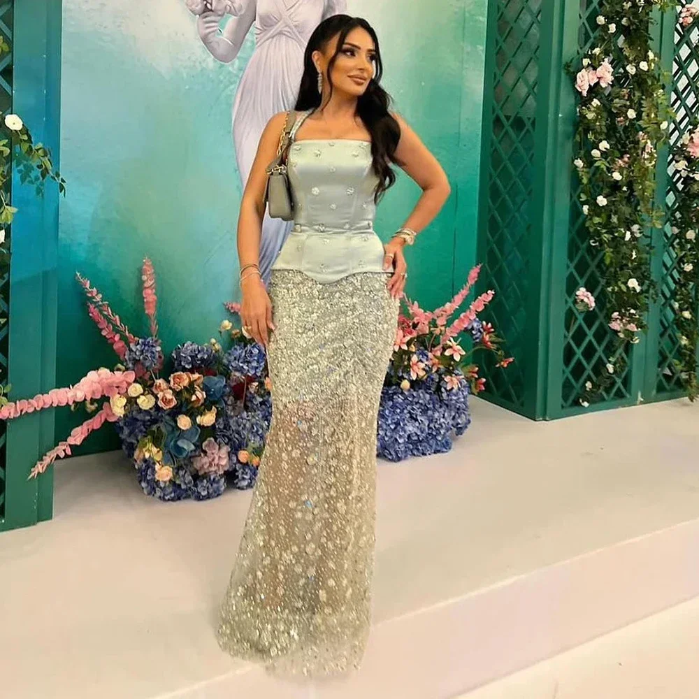 

Customized Luxury Lace Mermaid Appliques Pearls Beading Crystal Evening Dress Exquisite Sleeveless Strapless Celebrity Gowns