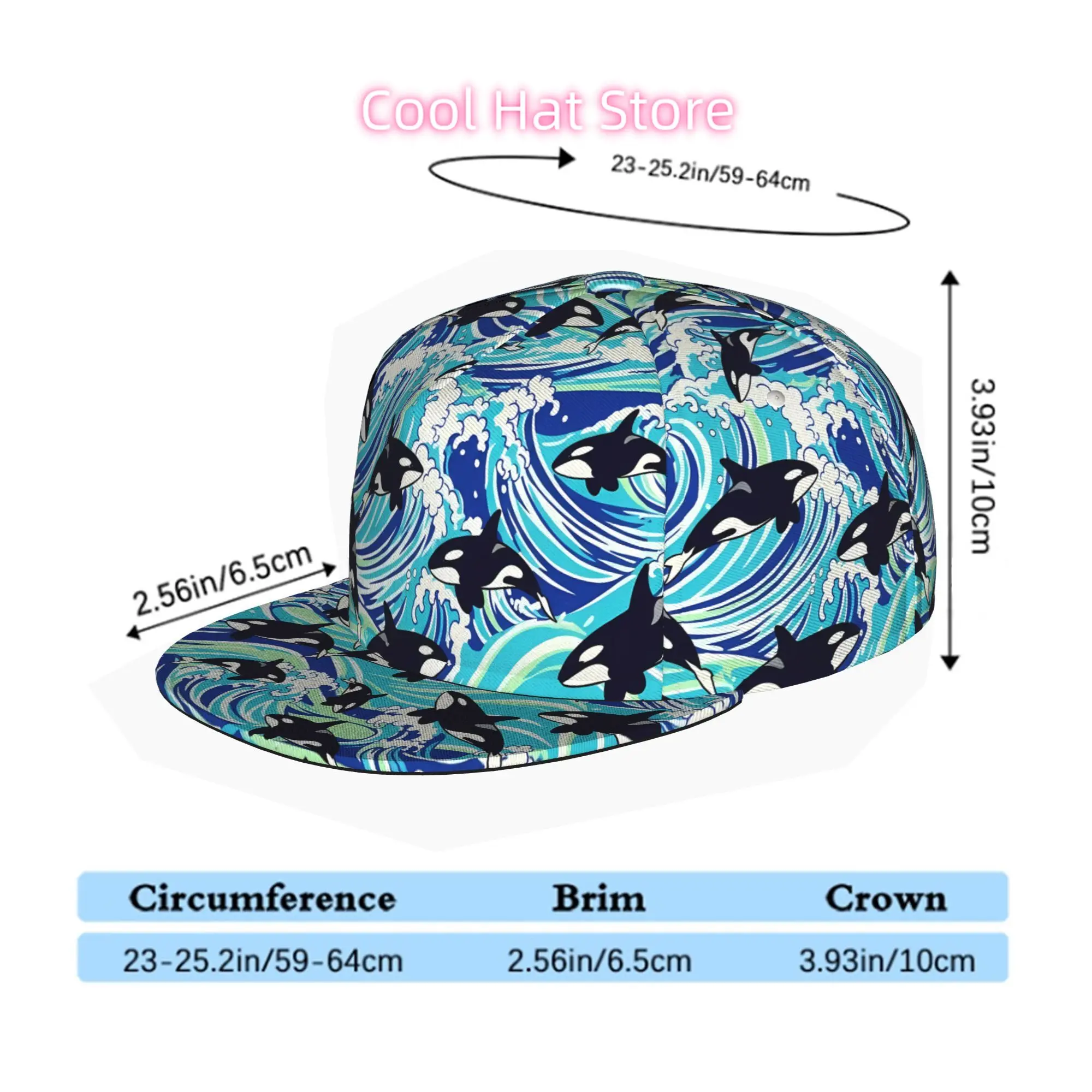 Orca Wave Theme And Unisex Flat Brim Baseball Cap, Hip Hop Streetwear Snapback Trucker Hat Suitable for Skateboarding, Dance, An