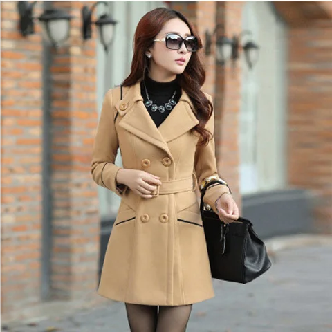 

2023 весенне-осеннее модное женское шерстяное пальто среднего и длинного цвета, однотонное двубортное облегающее пальто с талией