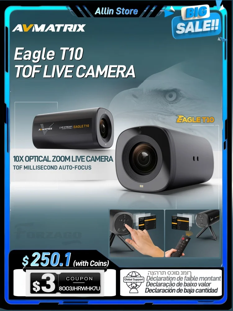 AVMATRIX Eagle T10 10X Zoom TOF Autofocus Live Stream Camera Wide Angle Shot Type-C USB & HDMI-compatible 5 Million Pixels