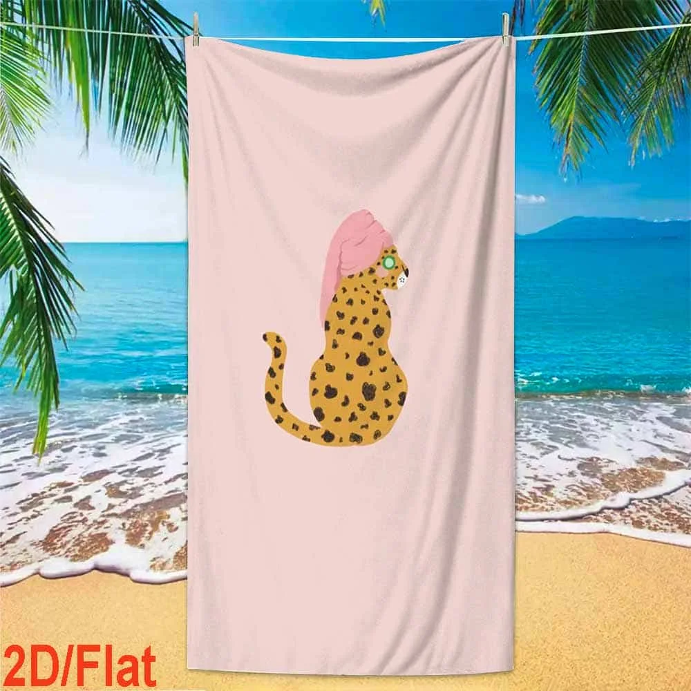 1-unidade-de-toalha-de-praia-com-estampa-de-leopardo-rosa-e-gato-usando-touca-de-banho-com-fundo-de-coqueiro