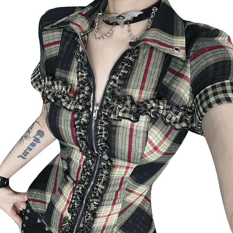 قميص منقوش داكن للنساء 2025 تصميم جديد بسحاب نقي لأضرار الحرب في الشوارع والأزياء القديمة #5