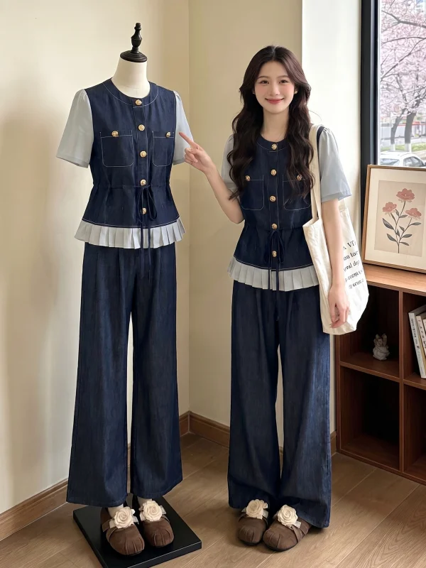 

Summer Fashion Wide Leg Pants Set Women's plus Size Salt System Street Style Short Sleeve Denim Outfit Casual Commute Wear