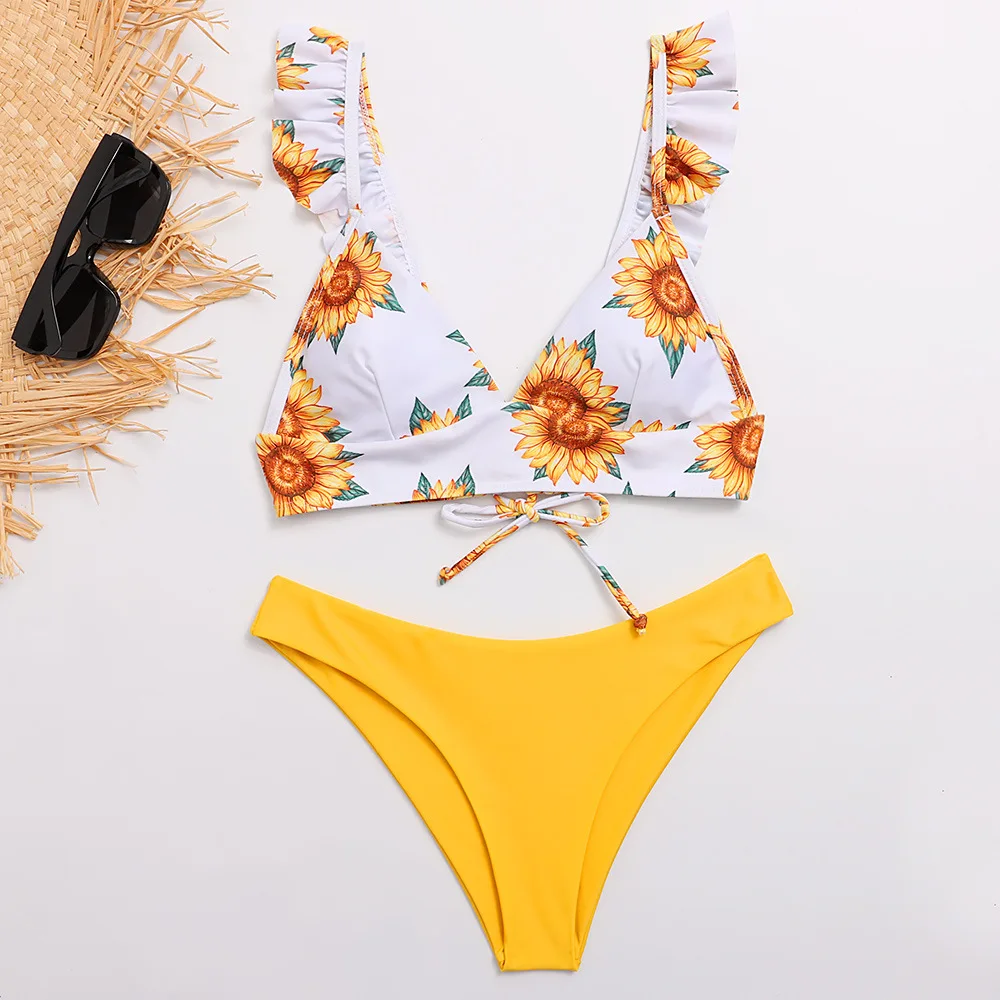 2023 New Sunflower Print Dresses Women Bikini Set Swimsuit Sexy Plus Size Swimwear Beach Bandage Bikini Mujer