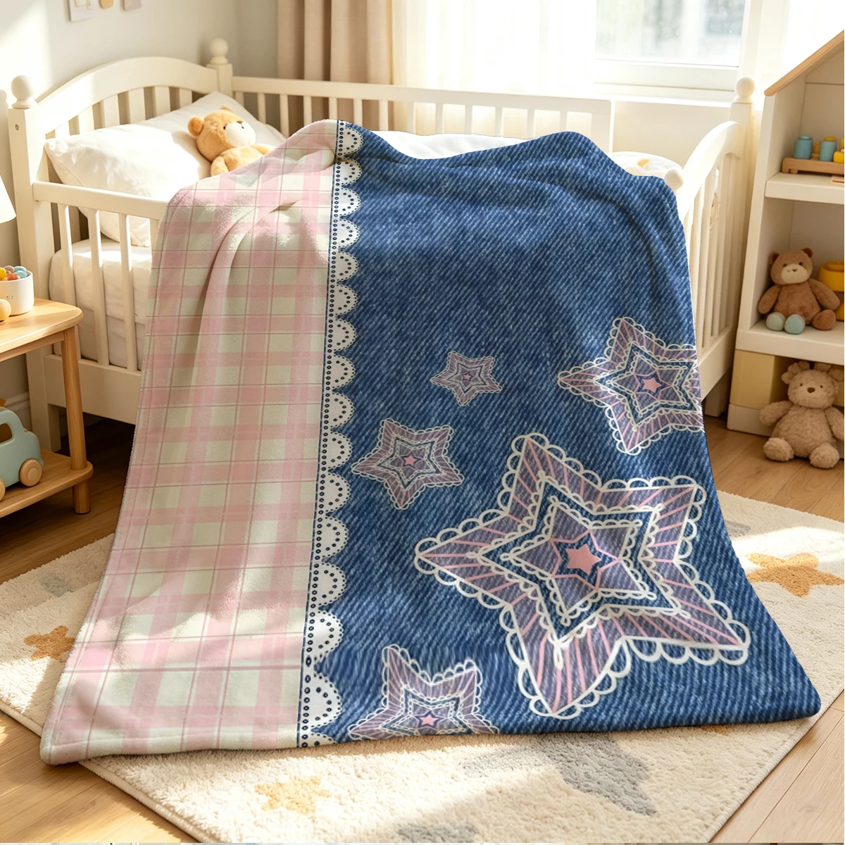 Denim Star Flannel Blanket Warm Soft Halloween Christmas Couch Warm Cozy Decorative Decor Gift for All Season