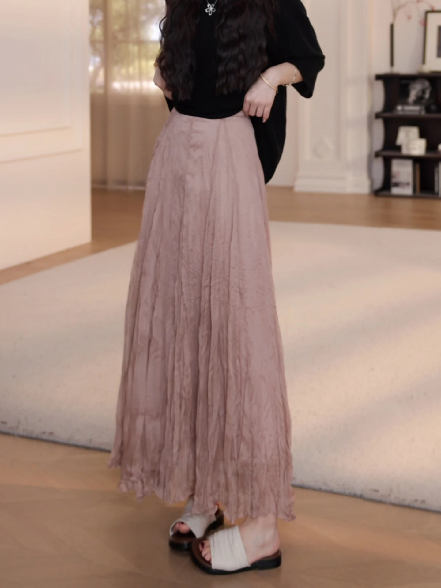 

Elegant Midi Skirt YYStudio Misty Grey Draped 2026 Spring Commute Simple High Waist A-Line Cotton Wool Blend Skirt
