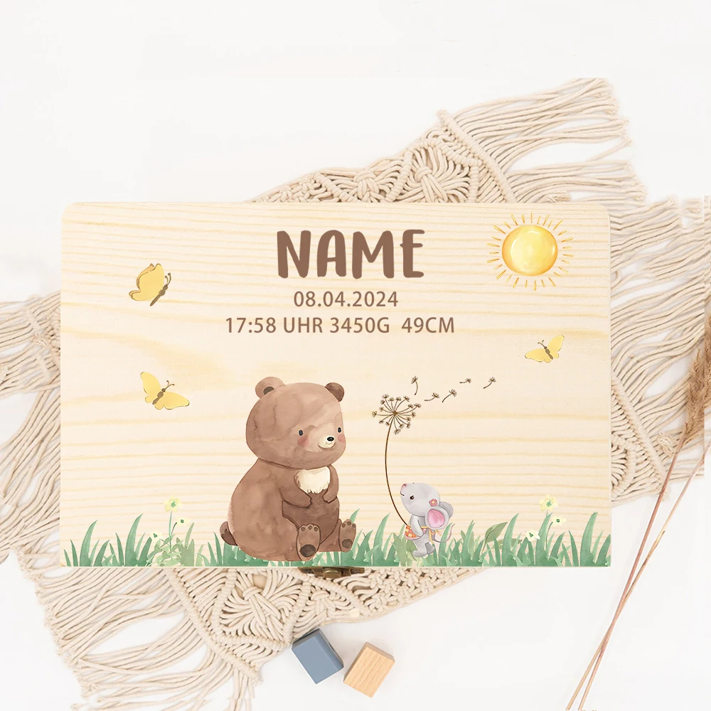 Caja de almacenamiento personalizada de animales del bosque, caja conmemorativa con nombre y fecha de nacimiento, caja de memoria de madera, regalo